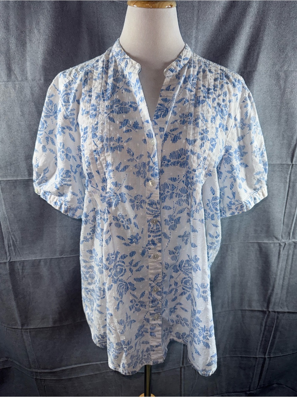2728-Erika White Blouse with Blue Floral Print